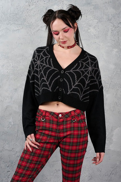 Schwarzer gestrickter Cardigan Web Of Night Cardigan Grey mit Spinnennetzmuster von Banned