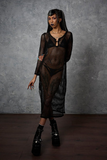 Schwarzes Kleid Wicked Net Dress mit Meshstoff von Banned