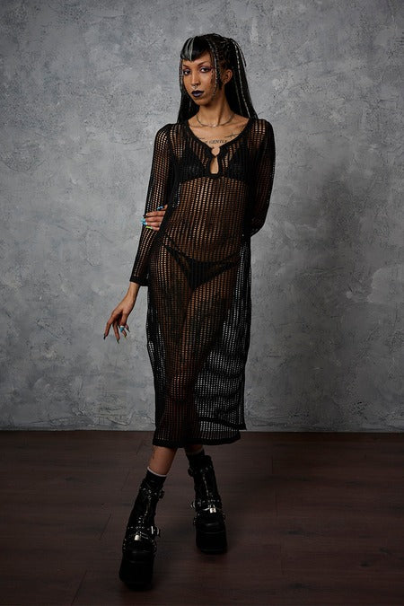 Schwarzes Kleid Wicked Net Dress mit Meshstoff von Banned