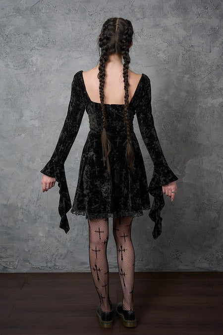 Schwarzes Kleid Sanctum Velvet Dress Black mit Schnürung und Samtstoff von Banned