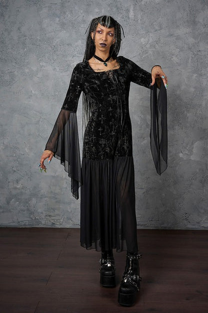 Schwarzes Kleid Velarium Nocturne Velvet Dress mit Meshelementen und Samtstoff von Banned