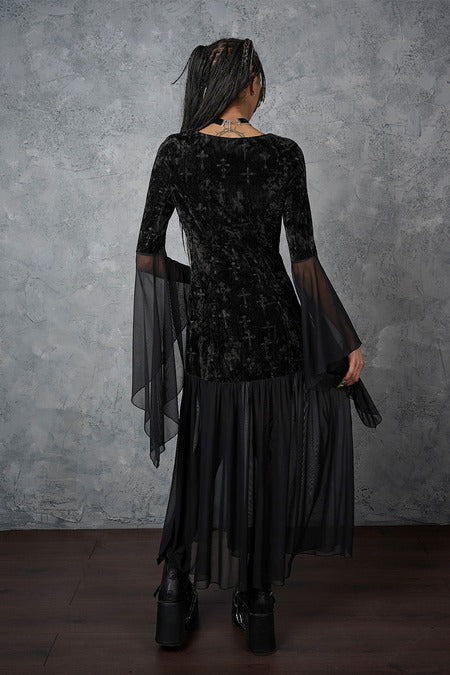 Schwarzes Kleid Velarium Nocturne Velvet Dress mit Meshelementen und Samtstoff von Banned