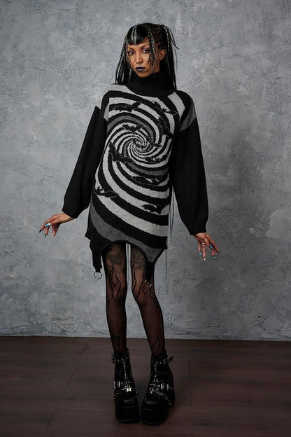 Schwarzes Kleid Twisted Batfall Knitted Dress mit grauem Strudeldesign von Banned