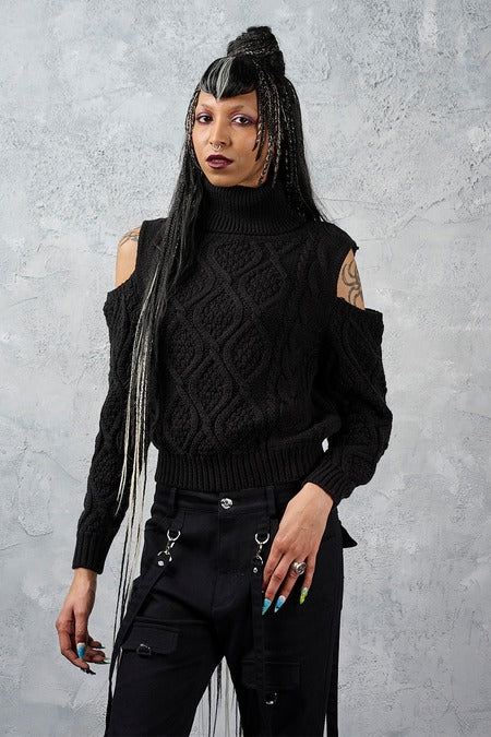 Schwarzer Strickpullover Cozy Riot Jumper mit Zierausschnitten an den Armen von Banned