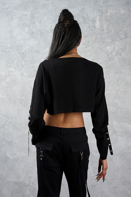 Schwarzer, bauchfreier Crossbound Crop Jumper mit Allover-Kreuzprint von Banned