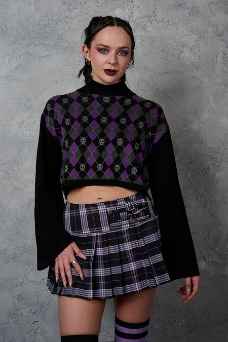 Schwarzer Rock DARKDOLL MINI SKIRT Purple mit lilanem Tartanmuster von Banned