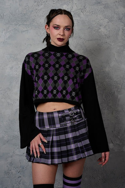Schwarzer Rock DARKDOLL MINI SKIRT Purple mit lilanem Tartanmuster von Banned