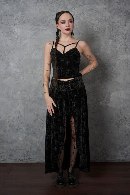 Schwarzer Rock Sanctum Velvet SKIRT Black mit Schnürung und Beinschlitz von Banned
