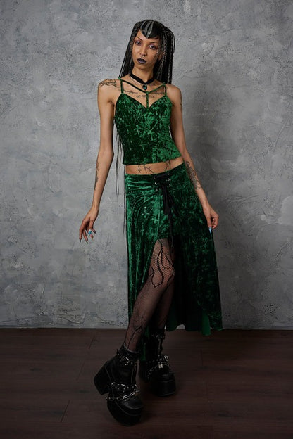 Grüner Rock Sanctum Velvet SKIRT Green mit Schnürung und Beinschlitz von Banned