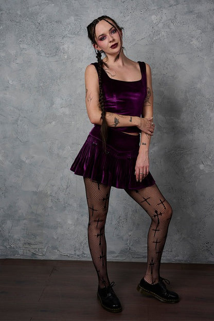 Lilafarbener Rock Nightfall Velvet Skirt aus Samtstoff von Banned