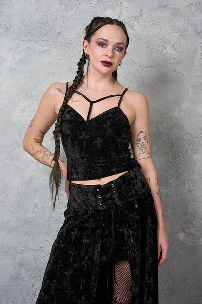 Schwarzes Samttop Sanctum Velvet Top Black mit schmalen Trägern von Banned