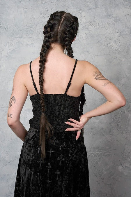Schwarzes Samttop Sanctum Velvet Top Black mit schmalen Trägern von Banned