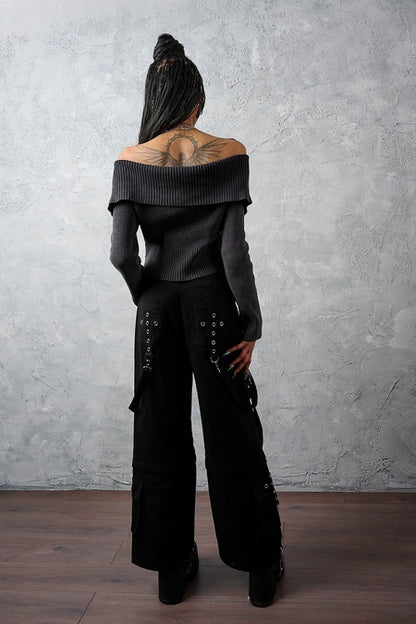 Schwarze Schlaghose Dropzone Trousers mit Ösen, Riemen und abnehmbaren Beinen von Banned