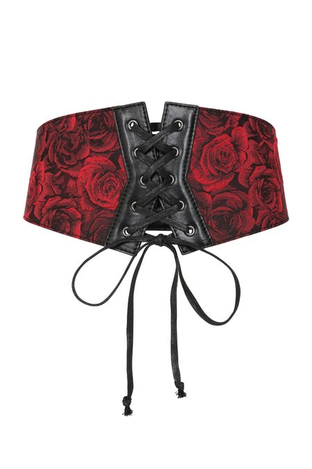 Schwarz-roter Korsettgürtel Crimson Thorn Rose Corset Belt mit Rosenprint von Banned