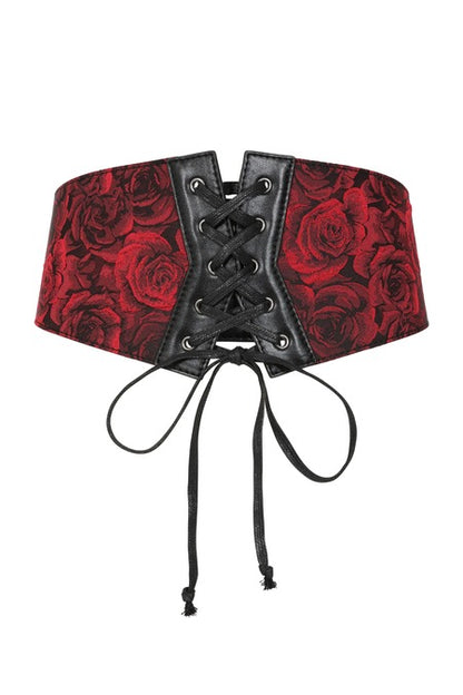 Schwarz-roter Korsettgürtel Crimson Thorn Rose Corset Belt mit Rosenprint von Banned