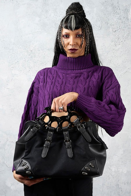 Schwarze, große Handtasche Iron Halo Bag mit Schlagring-Griff von Banned