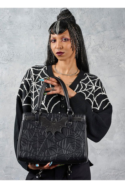 Schwarze Handtasche Widow's Veil Tote Bag mit Spinnennetzmuster und Fledermausdetail von Banned
