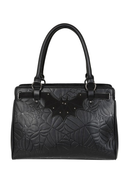 Schwarze Handtasche Widow's Veil Tote Bag mit Spinnennetzmuster und Fledermausdetail von Banned
