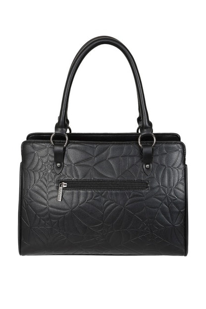 Schwarze Handtasche Widow's Veil Tote Bag mit Spinnennetzmuster und Fledermausdetail von Banned