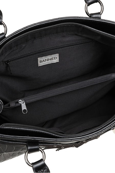 Schwarze Handtasche Widow's Veil Tote Bag mit Spinnennetzmuster und Fledermausdetail von Banned