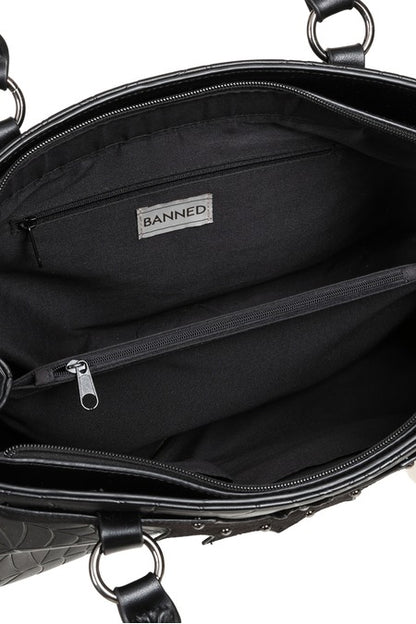 Schwarze Handtasche Widow's Veil Tote Bag mit Spinnennetzmuster und Fledermausdetail von Banned
