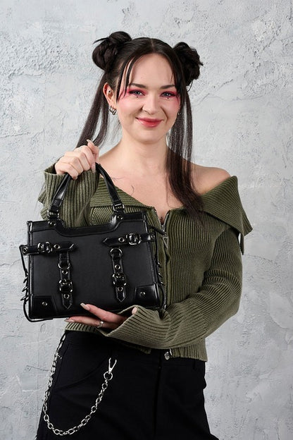 Schwarze, kleine Handtasche Ledger Stachel Bag mit Riemen und Ösen von Banned