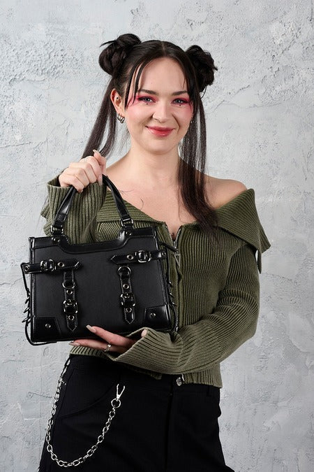 Schwarze, kleine Handtasche Ledger Stachel Bag mit Riemen und Ösen von Banned