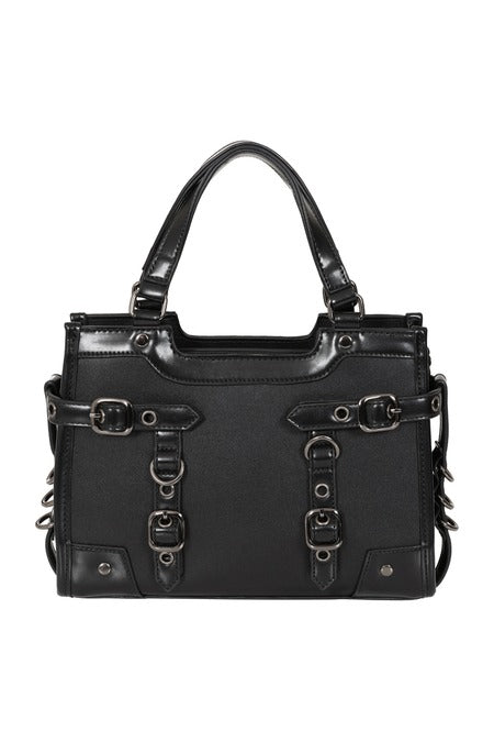 Schwarze, kleine Handtasche Ledger Stachel Bag mit Riemen und Ösen von Banned