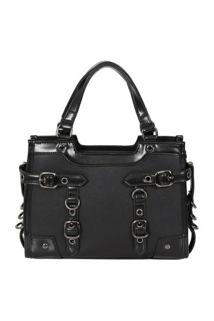Schwarze, kleine Handtasche Ledger Stachel Bag mit Riemen und Ösen von Banned