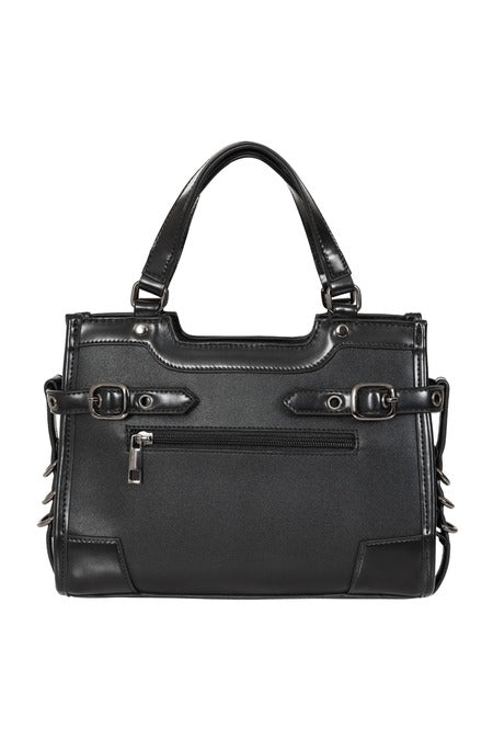 Schwarze, kleine Handtasche Ledger Stachel Bag mit Riemen und Ösen von Banned