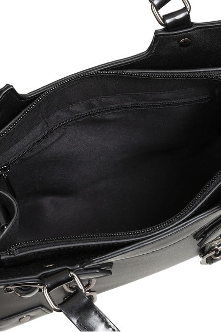 Schwarze, kleine Handtasche Ledger Stachel Bag mit Riemen und Ösen von Banned