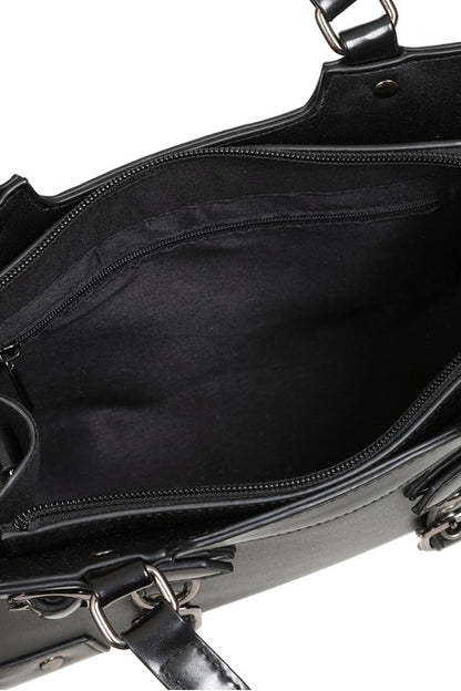 Schwarze, kleine Handtasche Ledger Stachel Bag mit Riemen und Ösen von Banned