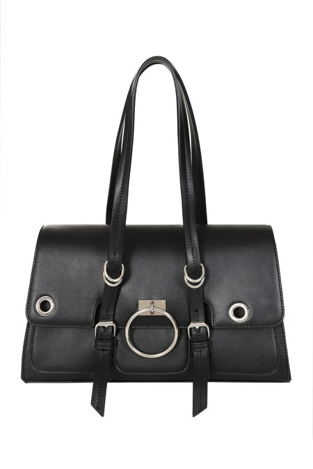 Schwarze, kleine Handtasche Coffin Ring Flap Bag mit großem Zierring von Banned