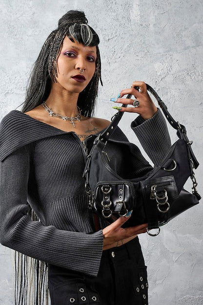 Schwarze Handtasche Nightshift Cargo Bag mit vielen Details von Banned