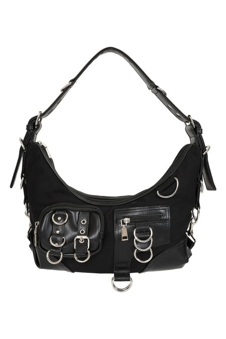 Schwarze Handtasche Nightshift Cargo Bag mit vielen Details von Banned
