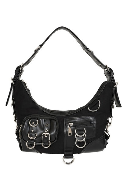 Schwarze Handtasche Nightshift Cargo Bag mit vielen Details von Banned