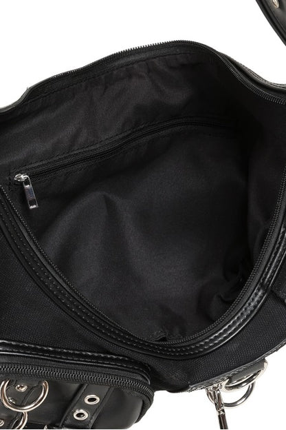 Schwarze Handtasche Nightshift Cargo Bag mit vielen Details von Banned
