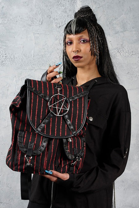 Schwarz-rot-gestreifter Rucksack Bloodline Pentagram Backpack mit großem Pentagramm von Banned
