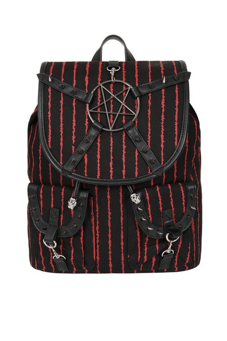 Schwarz-rot-gestreifter Rucksack Bloodline Pentagram Backpack mit großem Pentagramm von Banned