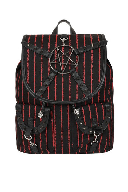 Schwarz-rot-gestreifter Rucksack Bloodline Pentagram Backpack mit großem Pentagramm von Banned