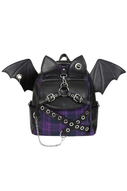 Schwarz-lilafarbener Rucksack Afterparty Chaos Backpack mit Fledermausflügeln und -ohren von Banned