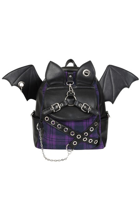 Schwarz-lilafarbener Rucksack Afterparty Chaos Backpack mit Fledermausflügeln und -ohren von Banned