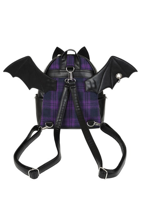 Schwarz-lilafarbener Rucksack Afterparty Chaos Backpack mit Fledermausflügeln und -ohren von Banned