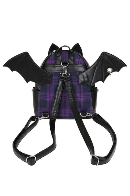 Schwarz-lilafarbener Rucksack Afterparty Chaos Backpack mit Fledermausflügeln und -ohren von Banned