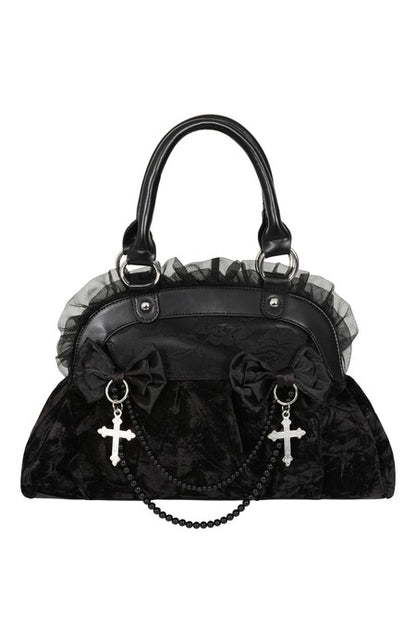 Schwarze Samt-Handtasche Sanctum Velvet Bag mit Kreuzen, Perlen und Schleifen von Banned