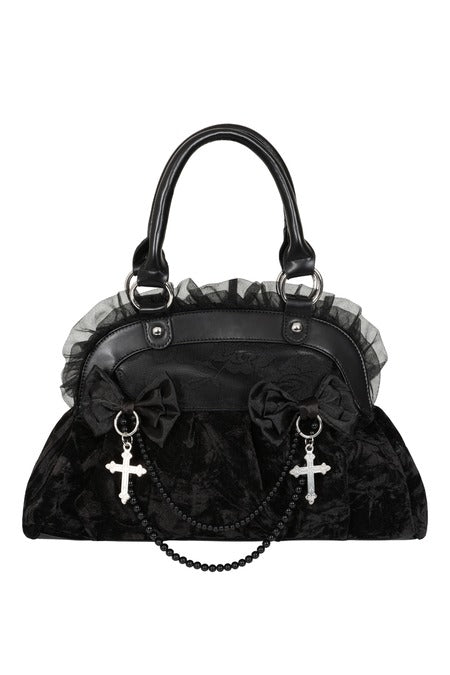 Schwarze Samt-Handtasche Sanctum Velvet Bag mit Kreuzen, Perlen und Schleifen von Banned