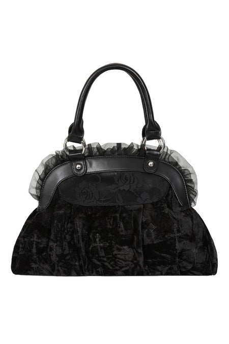 Schwarze Samt-Handtasche Sanctum Velvet Bag mit Kreuzen, Perlen und Schleifen von Banned