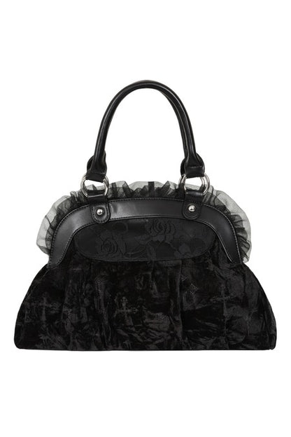 Schwarze Samt-Handtasche Sanctum Velvet Bag mit Kreuzen, Perlen und Schleifen von Banned