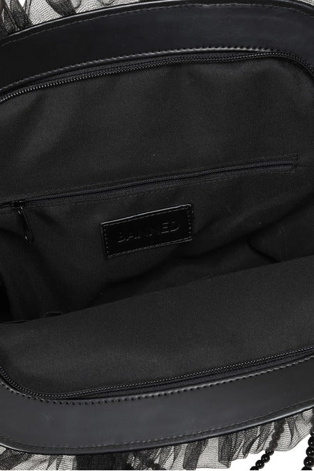 Schwarze Samt-Handtasche Sanctum Velvet Bag mit Kreuzen, Perlen und Schleifen von Banned