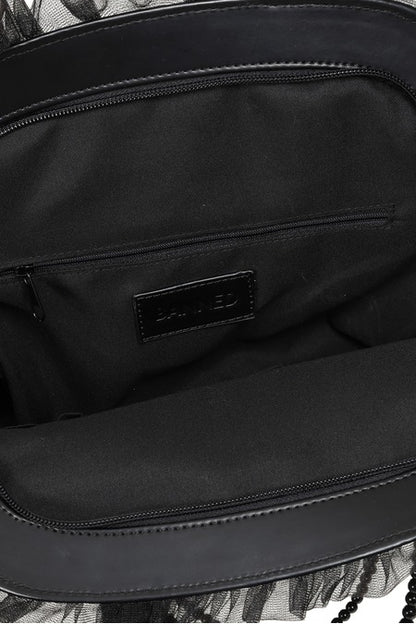 Schwarze Samt-Handtasche Sanctum Velvet Bag mit Kreuzen, Perlen und Schleifen von Banned
